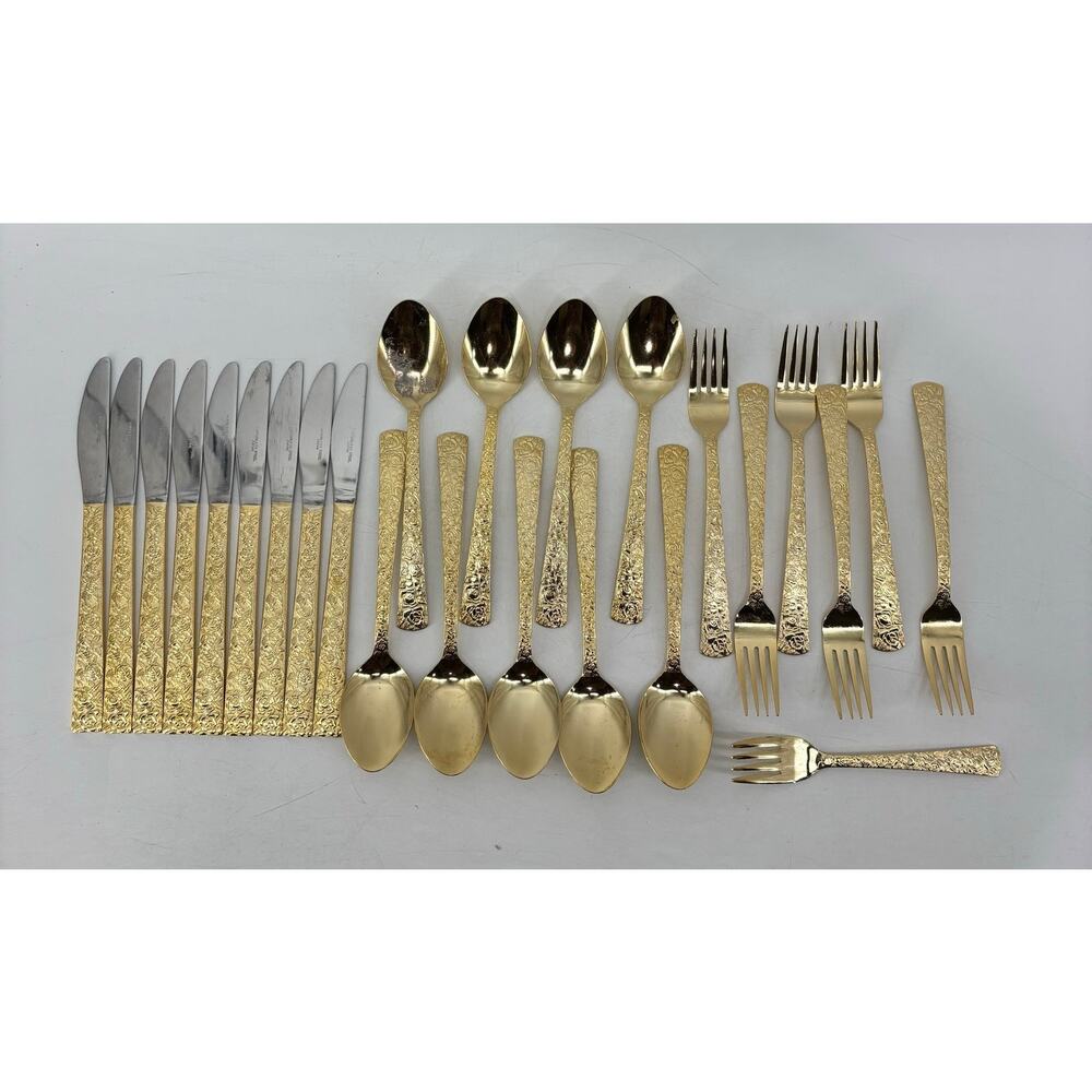Vtg Hollywood Regency Dinner Spoons Fork Gold Stainless Steel 25 Pieces Japan